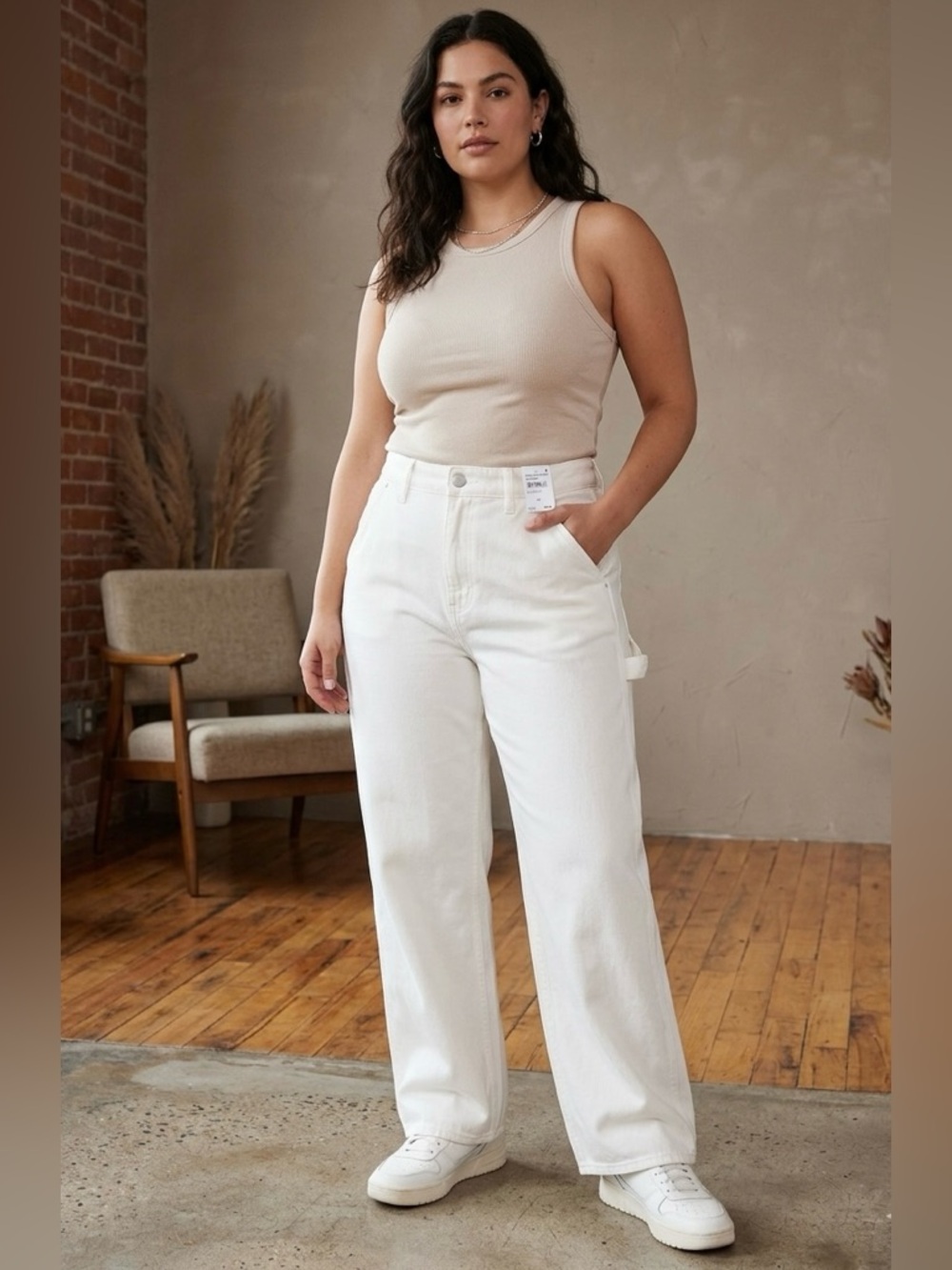 Good American Petite 90s Relaxed Wide Straight Jeans Cloud White Sz 14/32